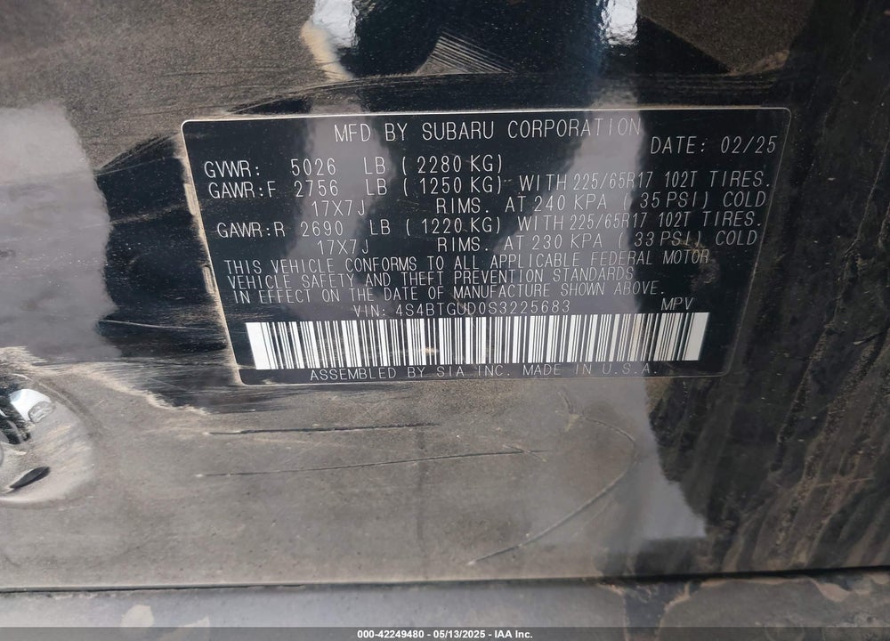 2025 SUBARU OUTBACK WILDERNESS VIN: 4S4BTGUD0S3225683