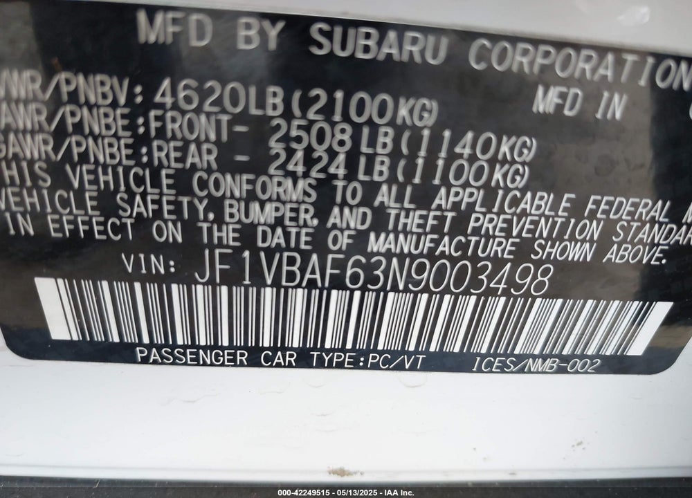 2022 SUBARU WRX VIN: JF1VBAF63N9003498