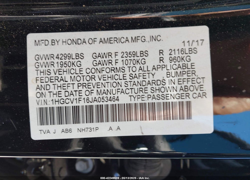 2018 HONDA ACCORD VIN: 1HGCV1F16JA053464