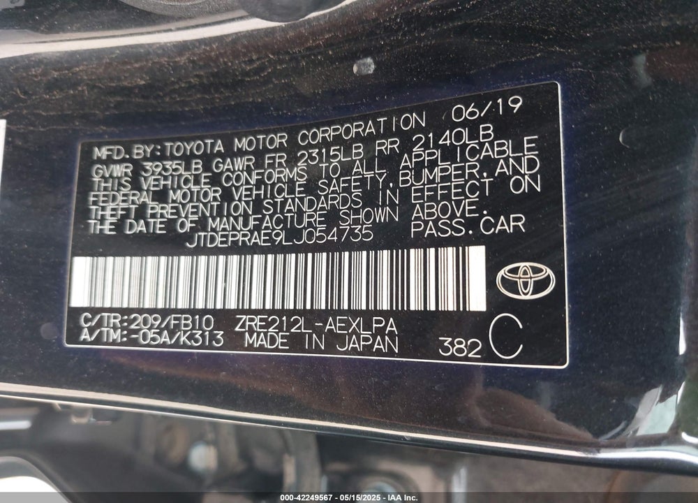 2020 TOYOTA COROLLA VIN: JTDEPRAE9LJ054735