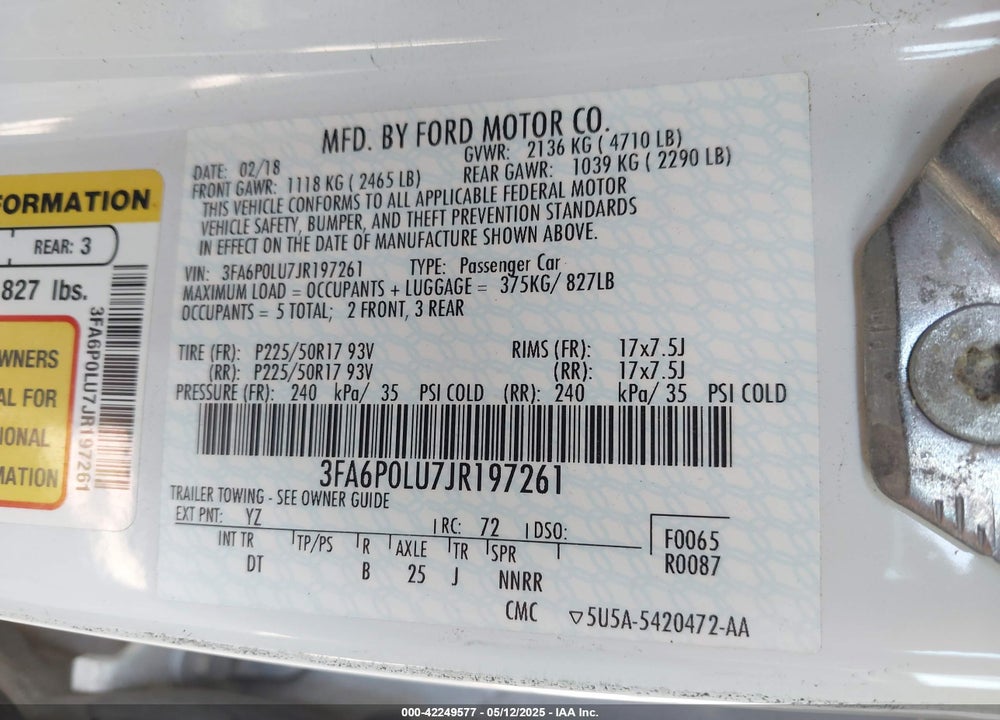 2018 FORD FUSION HYBRID SE VIN: 3FA6P0LU7JR197261
