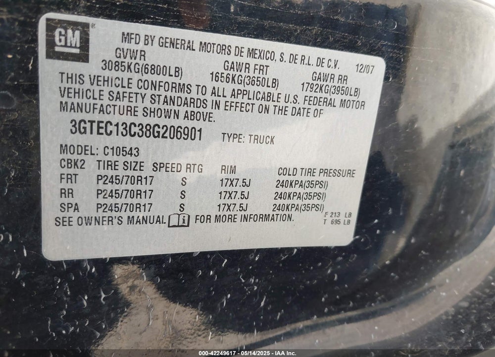 2008 GMC SIERRA 1500 SL VIN: 3GTEC13C38G206901
