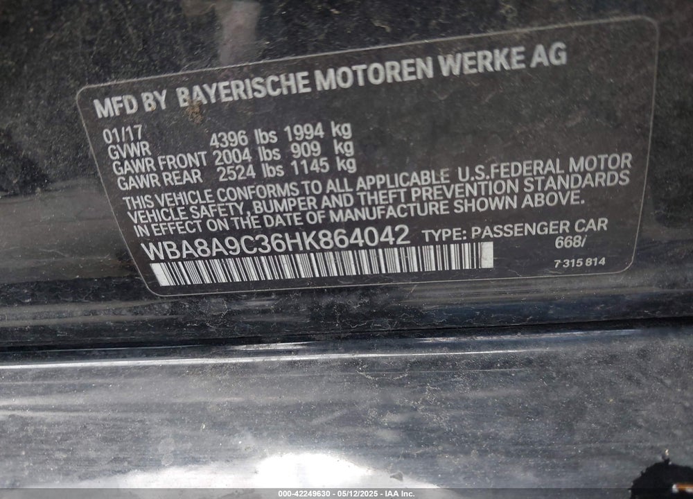 2017 BMW 320I VIN: WBA8A9C36HK864042
