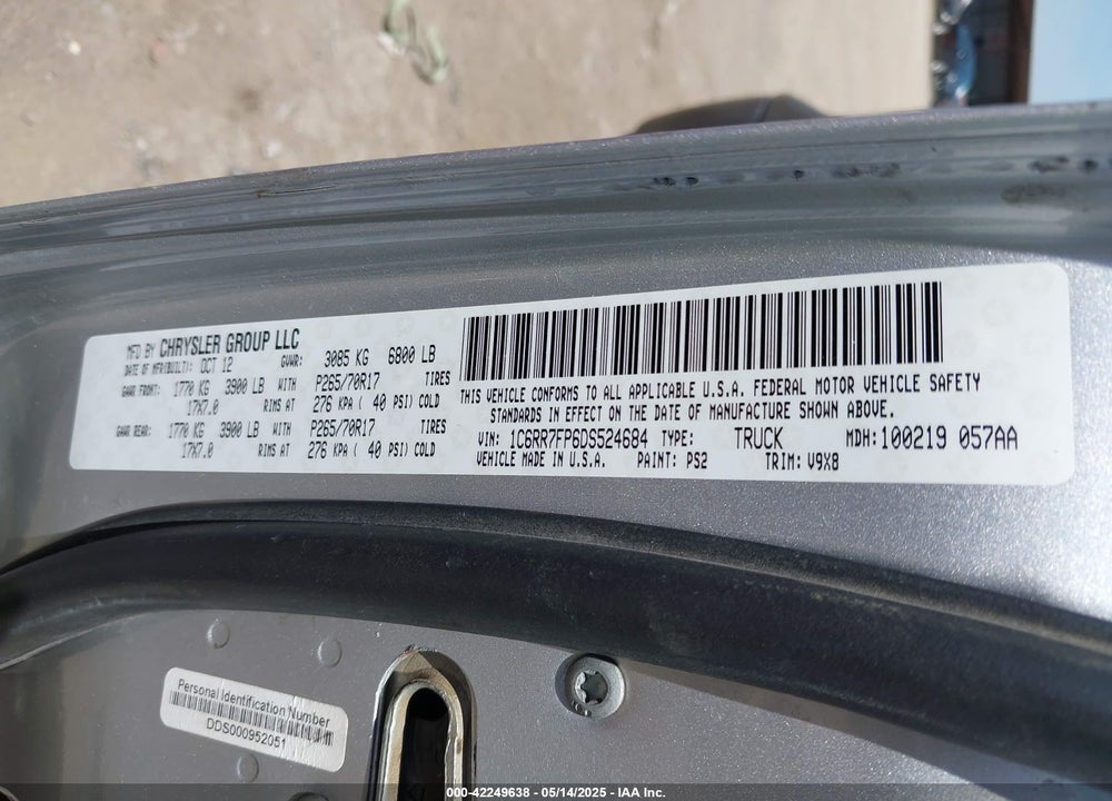 2013 RAM 1500 VIN: 1C6RR7FP6DS524684