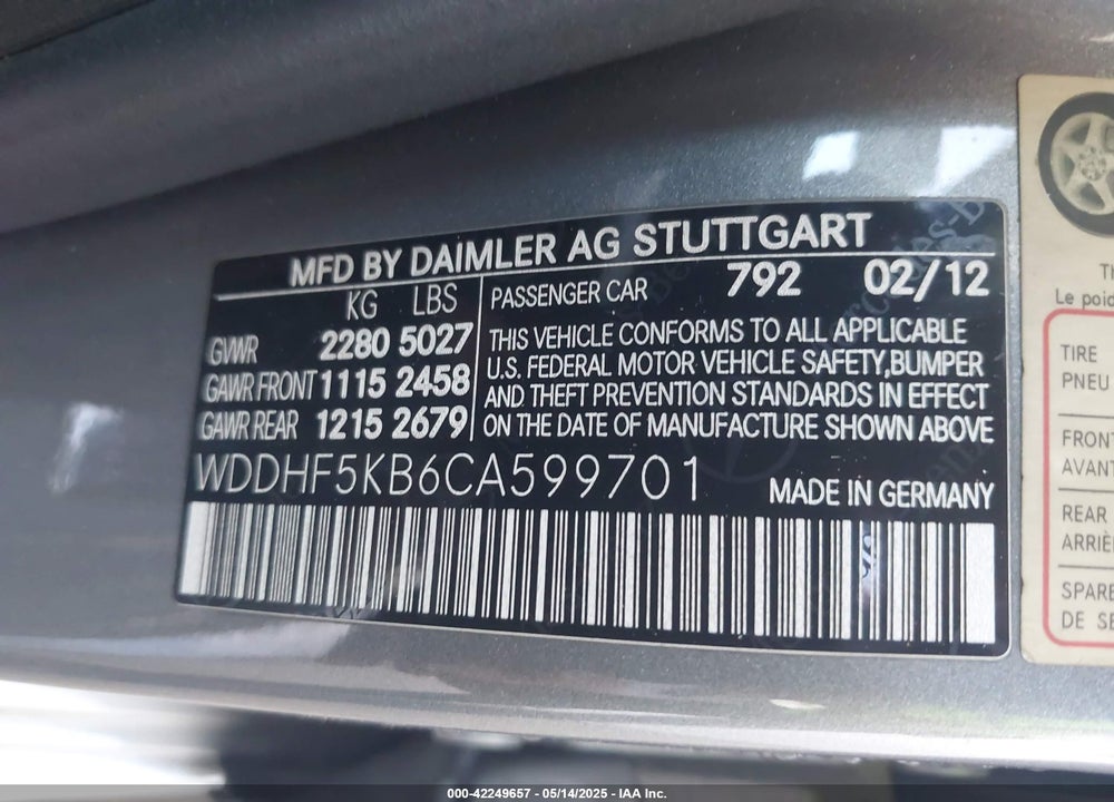 2012 MERCEDES-BENZ E-CLASS VIN: WDDHF5KB6CA599701