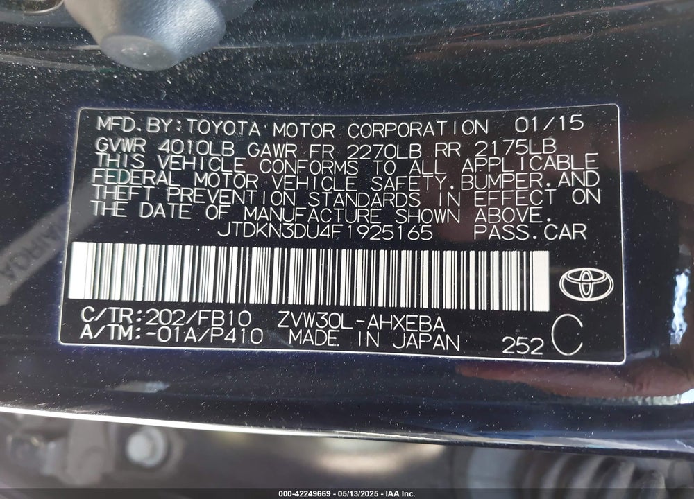 2015 TOYOTA PRIUS VIN: JTDKN3DU4F1925165