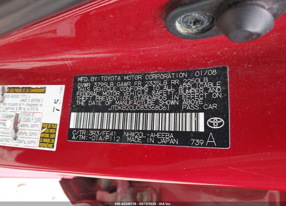 2008 TOYOTA PRIUS VIN: JTDKB20U083368061