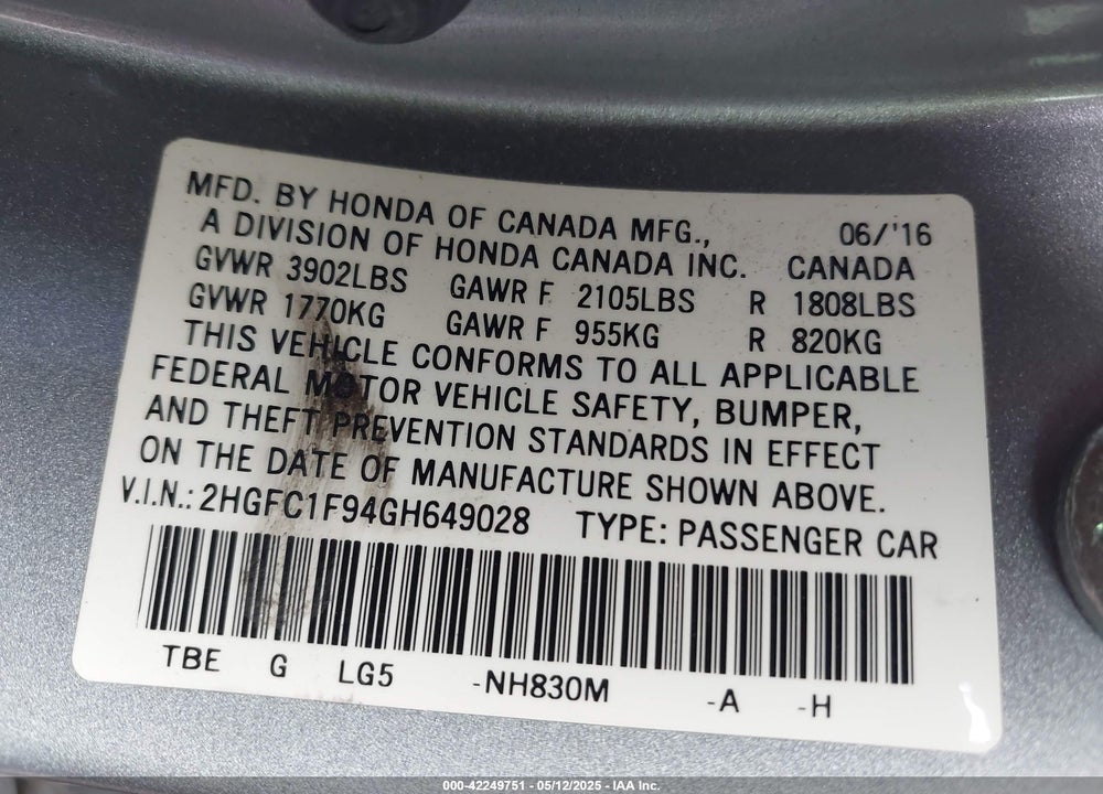 2016 HONDA CIVIC TOURING VIN: 2HGFC1F94GH649028