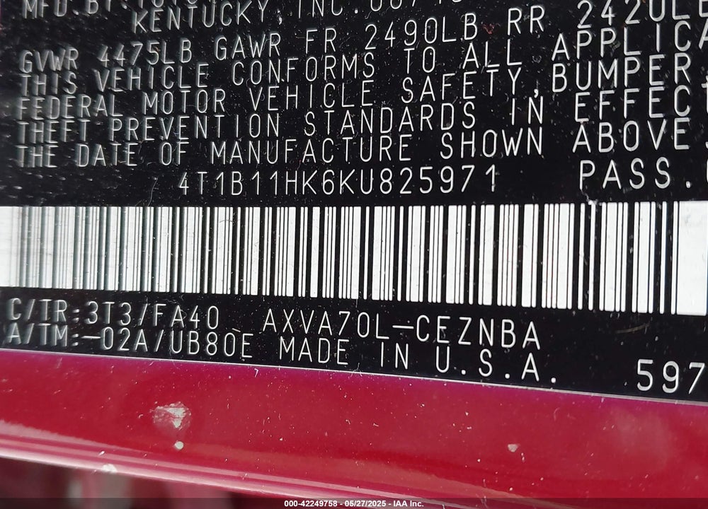 2019 TOYOTA CAMRY VIN: 4T1B11HK6KU825971