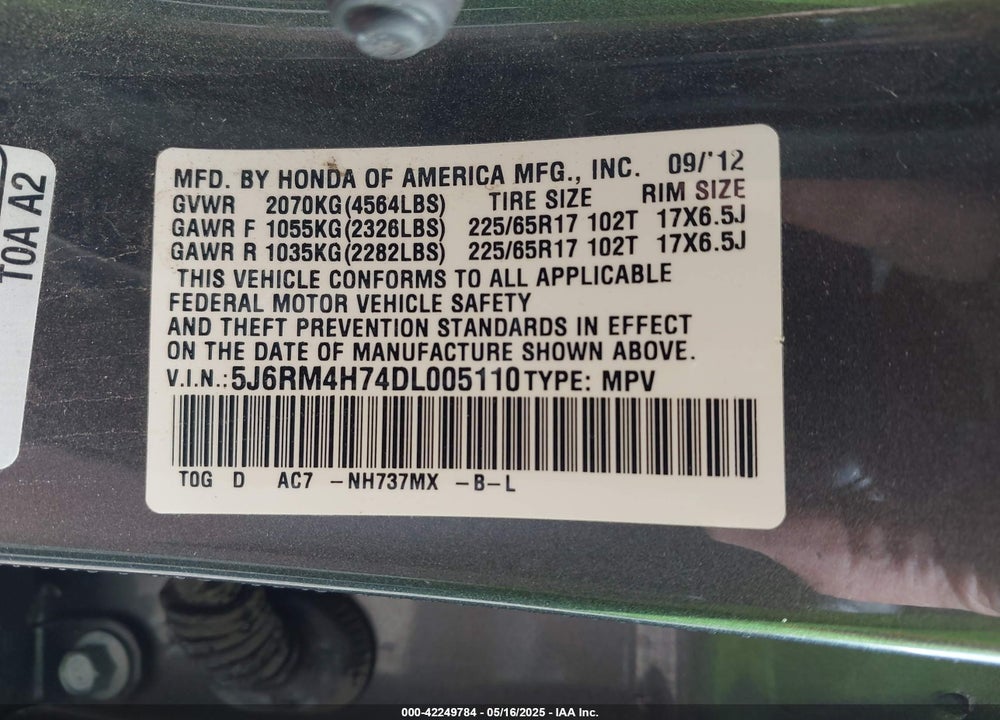 2013 HONDA CR-V EX-L VIN: 5J6RM4H74DL005110