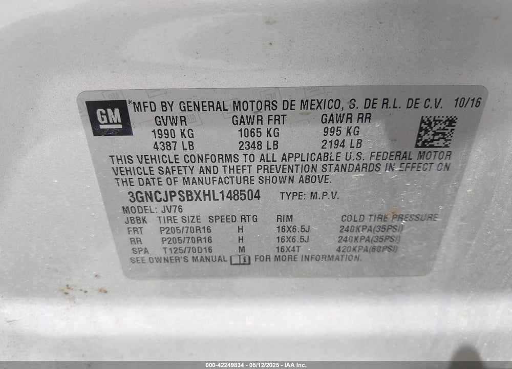 2017 CHEVROLET TRAX LT VIN: 3GNCJPSBXHL148504