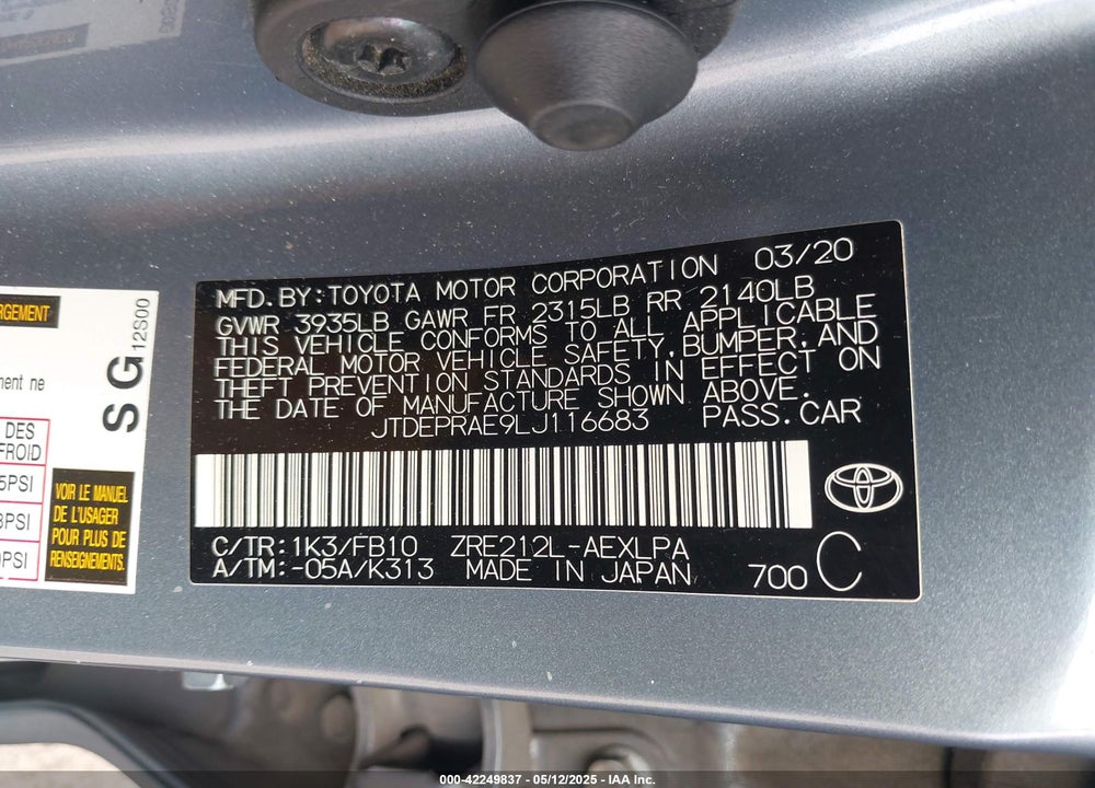 2020 TOYOTA COROLLA VIN: JTDEPRAE9LJ116683