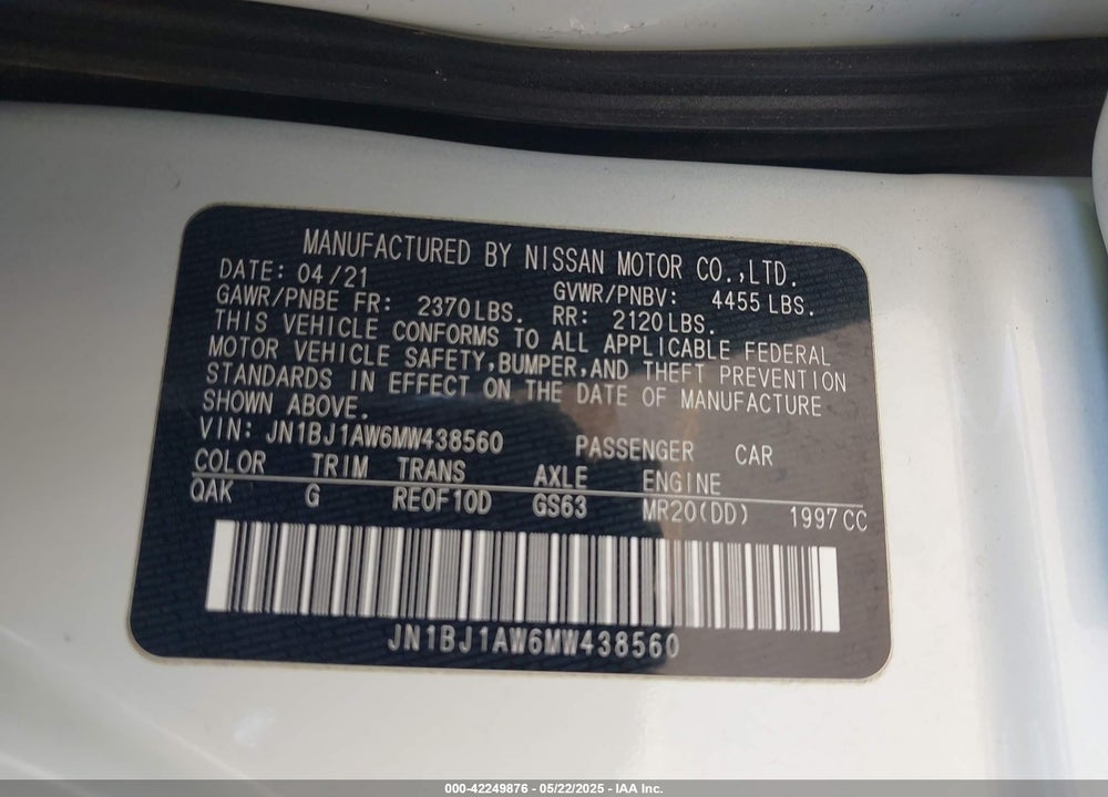 2021 NISSAN ROGUE SPORT S AWD XTRONIC CVT VIN: JN1BJ1AW6MW438560