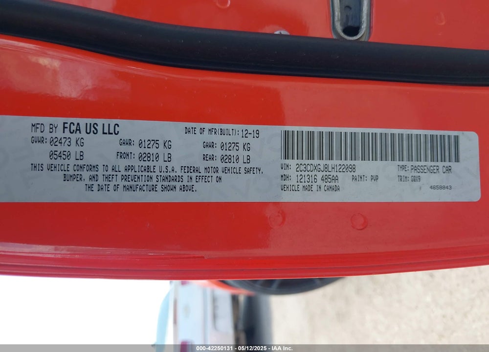 2020 DODGE CHARGER VIN: 2C3CDXGJ8LH122098