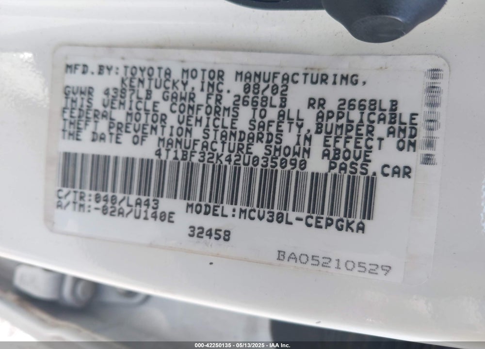 2002 TOYOTA CAMRY XLE V6 VIN: 4T1BF32K42U035090