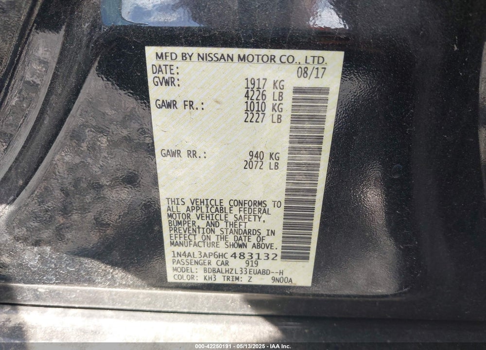 2017 NISSAN ALTIMA VIN: 1N4AL3AP6HC483132