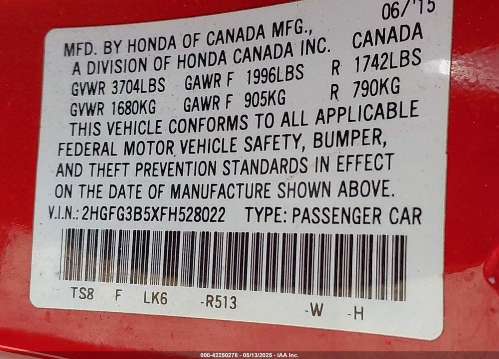 2015 HONDA CIVIC VIN: 2HGFG3B5XFH528022