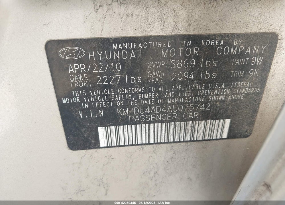 2010 HYUNDAI ELANTRA VIN: KMHDU4AD4AU075742