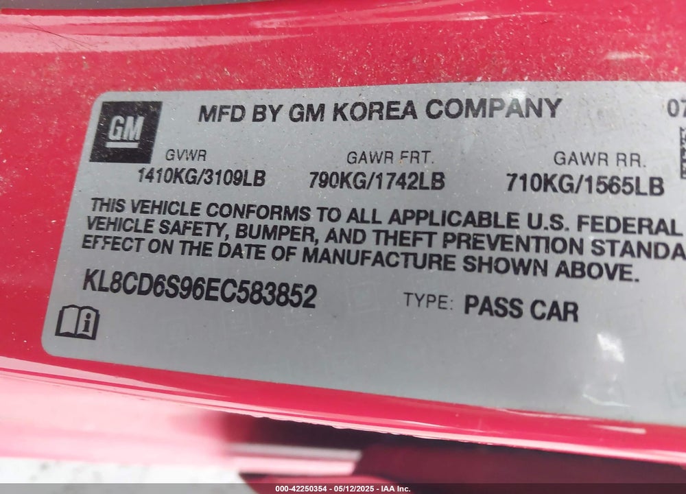 2014 CHEVROLET SPARK VIN: KL8CD6S96EC583852