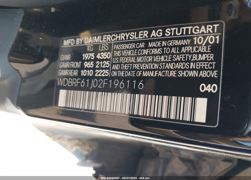 2002 MERCEDES-BENZ C 240 VIN: WDBRF61J02F196116