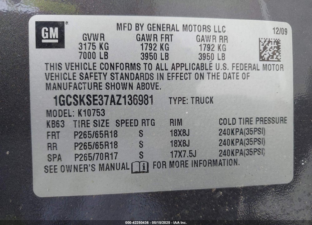 2010 CHEVROLET SILVERADO 1500 VIN: 1GCSKSE37AZ136981