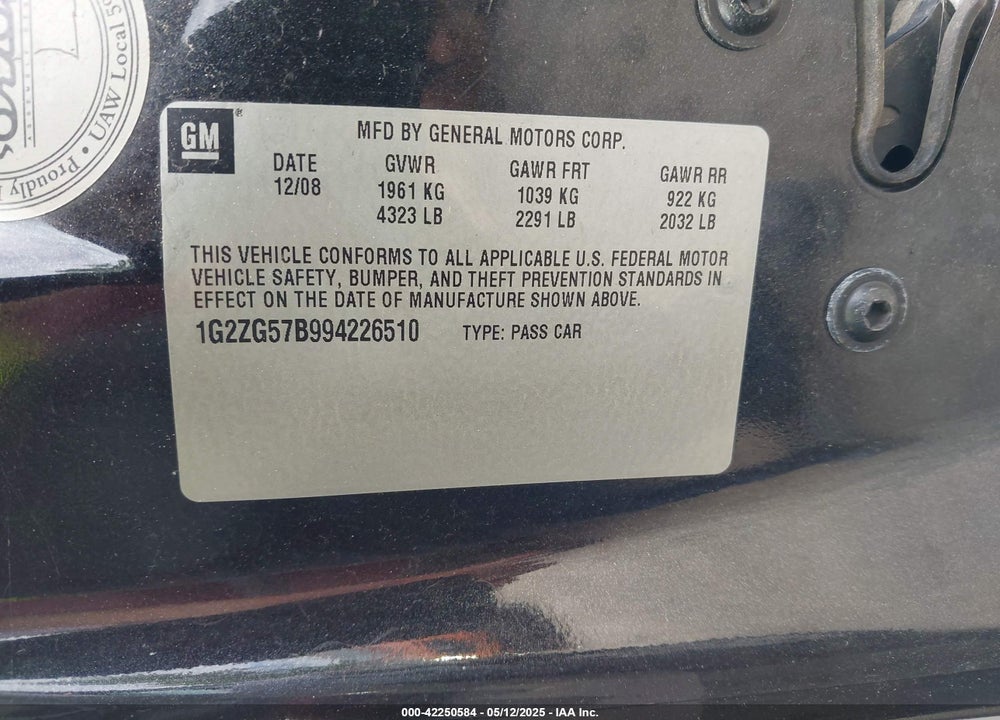 2009 PONTIAC G6 VIN: 1G2ZG57B994226510