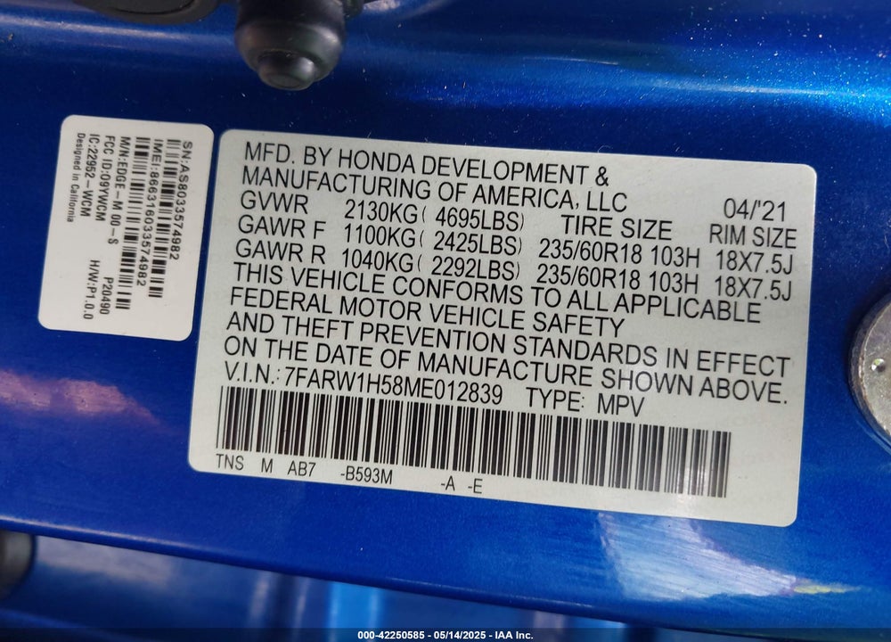 2021 HONDA CR-V VIN: 7FARW1H58ME012839