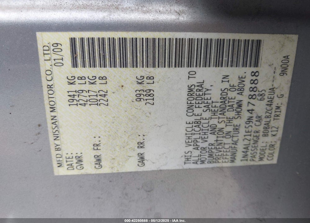 2009 NISSAN ALTIMA VIN: 1N4AL21E59N478888