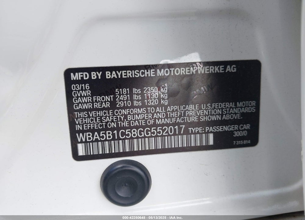 2016 BMW 535I VIN: WBA5B1C58GG552017