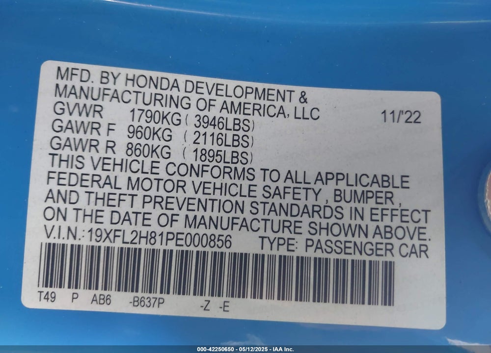 2023 HONDA CIVIC VIN: 19XFL2H81PE000856