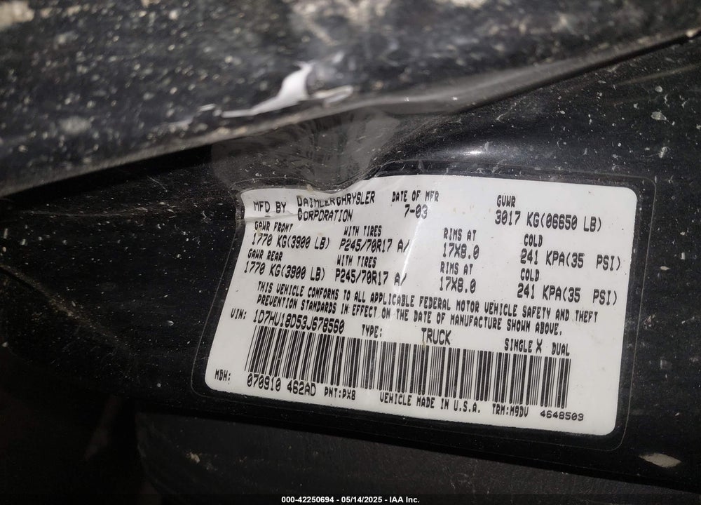 2003 DODGE RAM 1500 SLT/LARAMIE/ST VIN: 1D7HU18D53J678560
