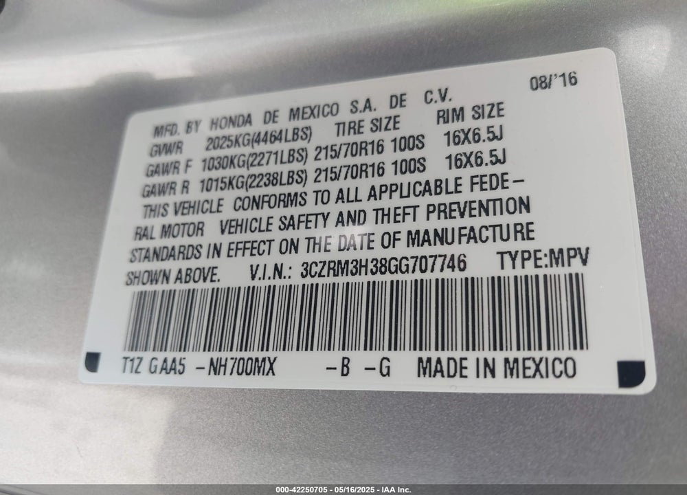 2016 HONDA CR-V VIN: 3CZRM3H38GG707746