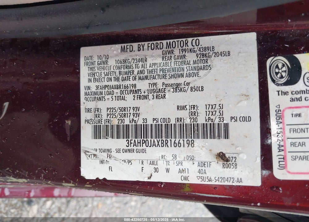 2011 FORD FUSION VIN: 3FAHP0JAXBR166198