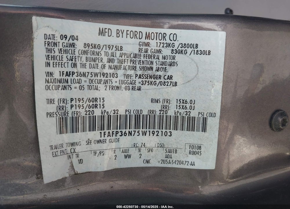 2005 FORD FOCUS VIN: 1FAFP36N75W192103