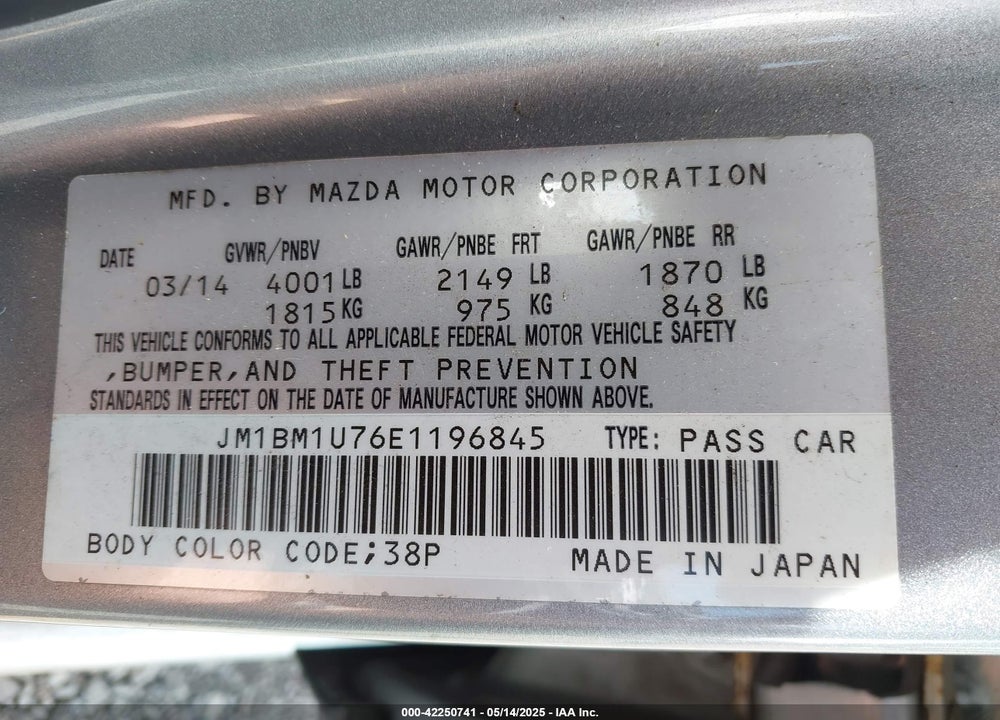 2014 MAZDA MAZDA3 VIN: JM1BM1U76E1196845