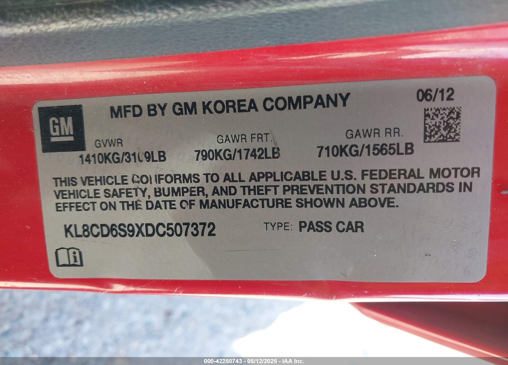2013 CHEVROLET SPARK VIN: KL8CD6S9XDC507372
