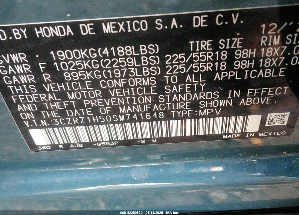 2025 HONDA HR-V 2WD SPORT VIN: 3CZRZ1H50SM741648