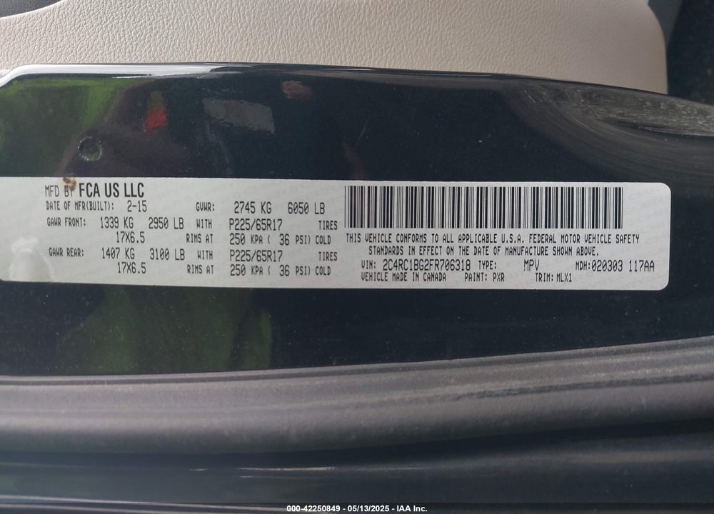 2015 CHRYSLER TOWN & COUNTRY TOURING VIN: 2C4RC1BG2FR706318