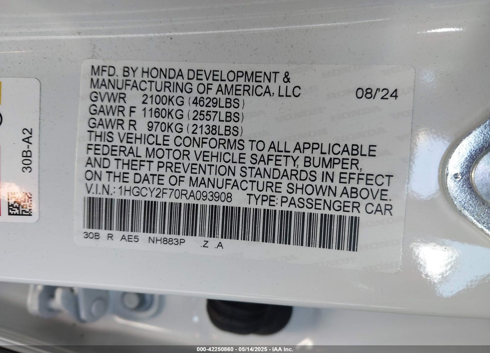 2024 HONDA ACCORD VIN: 1HGCY2F70RA093908