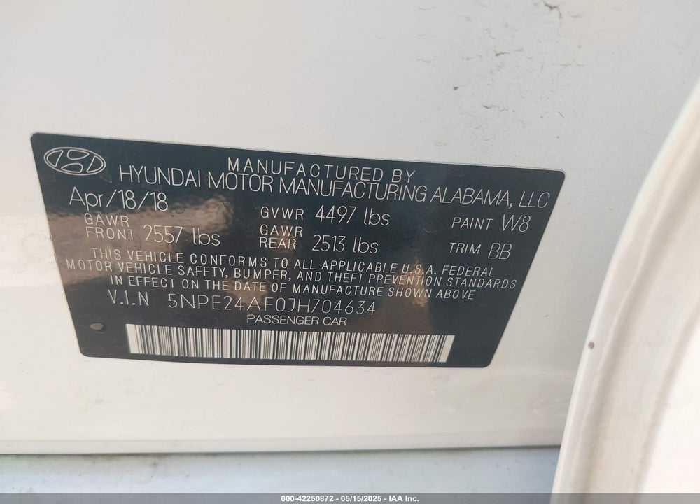 2018 HYUNDAI SONATA VIN: 5NPE24AF0JH704634