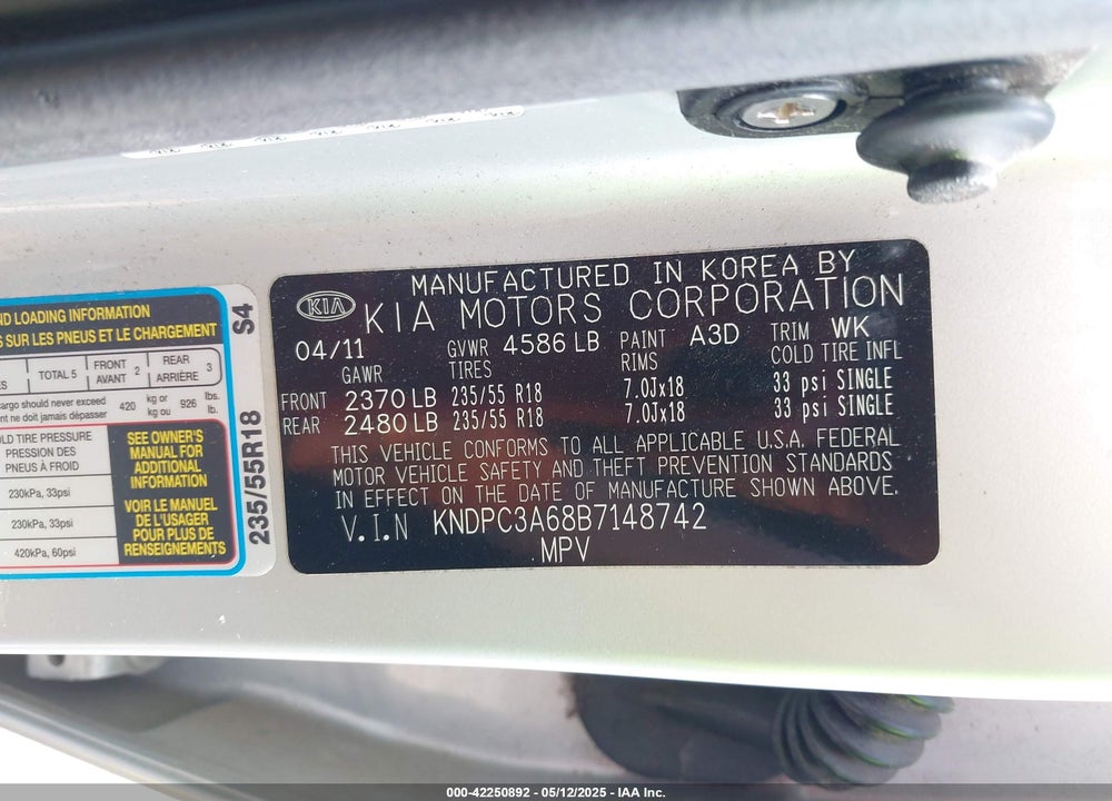 2011 KIA SPORTAGE VIN: KNDPC3A68B7148742