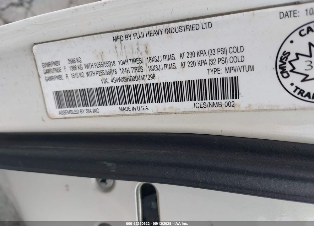 2013 SUBARU TRIBECA 3.6R LIMITED VIN: 4S4WX9HD0D4401298