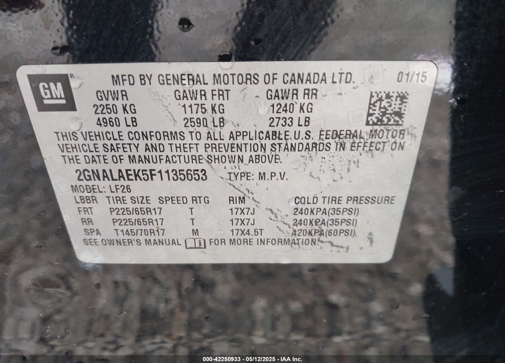 2015 CHEVROLET EQUINOX LS VIN: 2GNALAEK5F1135653