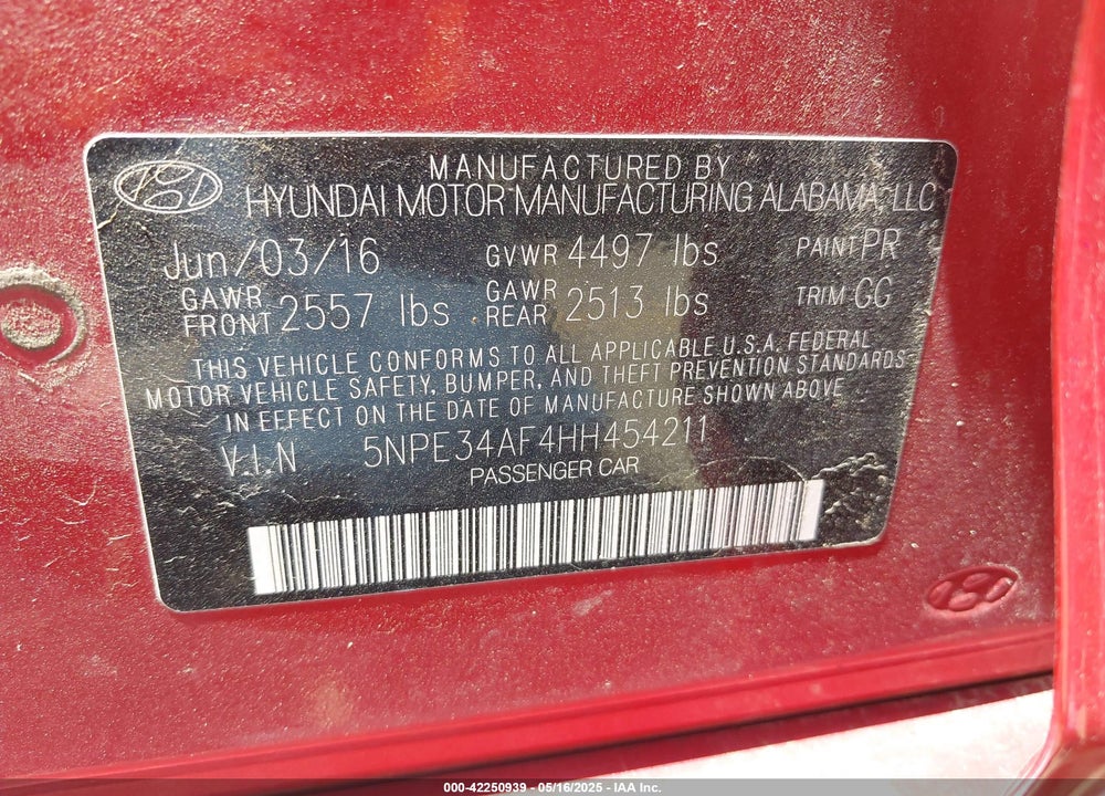 2017 HYUNDAI SONATA VIN: 5NPE34AF4HH454211