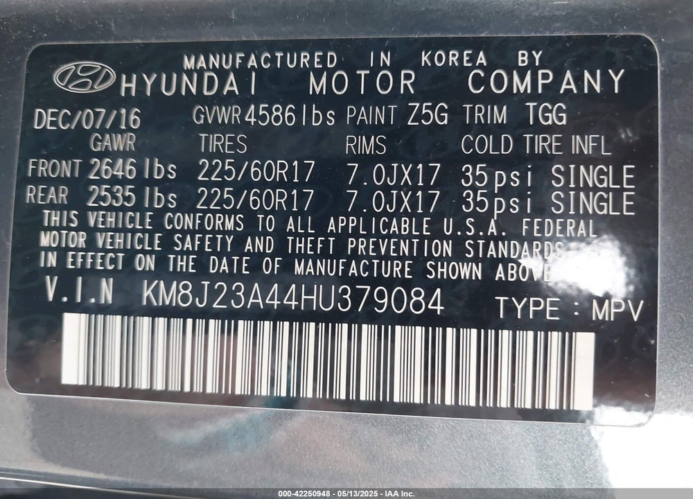 2017 HYUNDAI TUCSON SE VIN: KM8J23A44HU379084