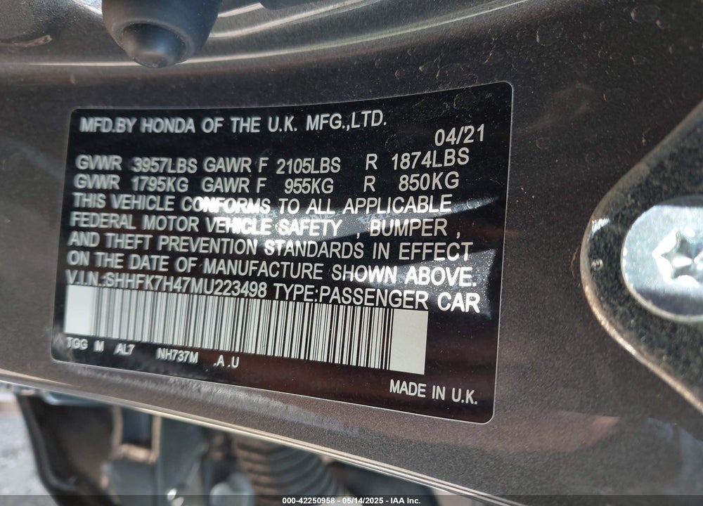 2021 HONDA CIVIC VIN: SHHFK7H47MU223498
