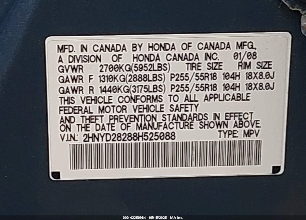 2008 ACURA MDX VIN: 2HNYD28288H525088