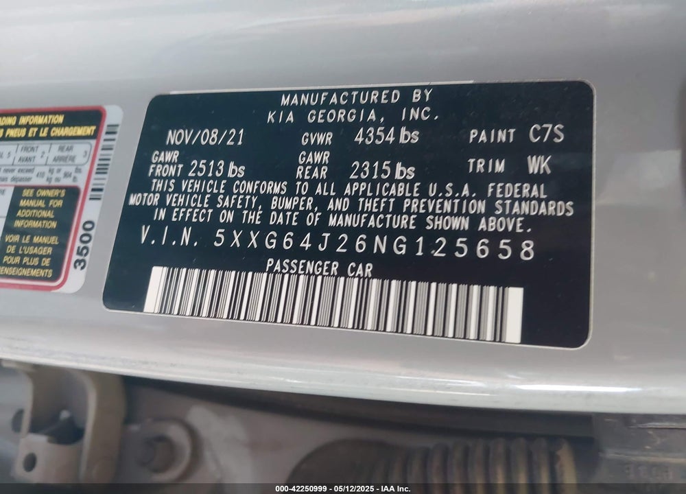 2022 KIA K5 VIN: 5XXG64J26NG125658