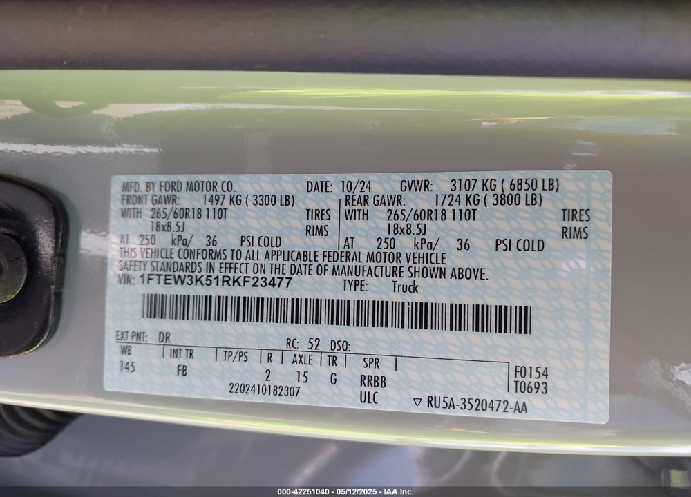 2024 FORD F-150 VIN: 1FTEW3K51RKF23477