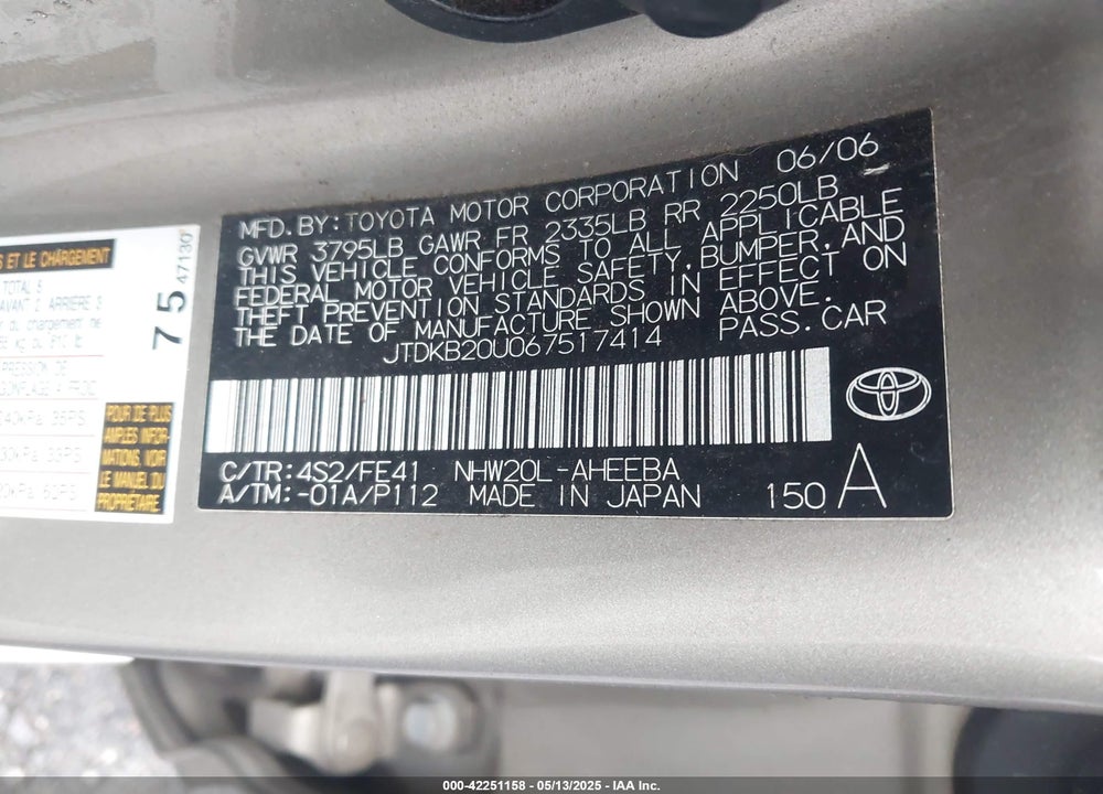 2006 TOYOTA PRIUS VIN: JTDKB20U067517414